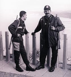 Local police guarding the cathedral of Santa Cruz in Oran